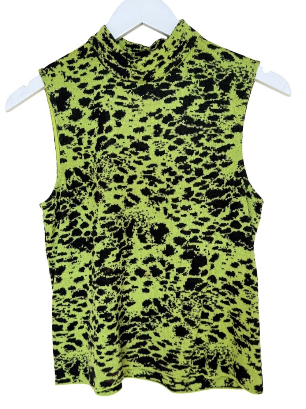 Vintage St John Neon Leopard Print Knit Tank Top Petite Made in USA Embellished